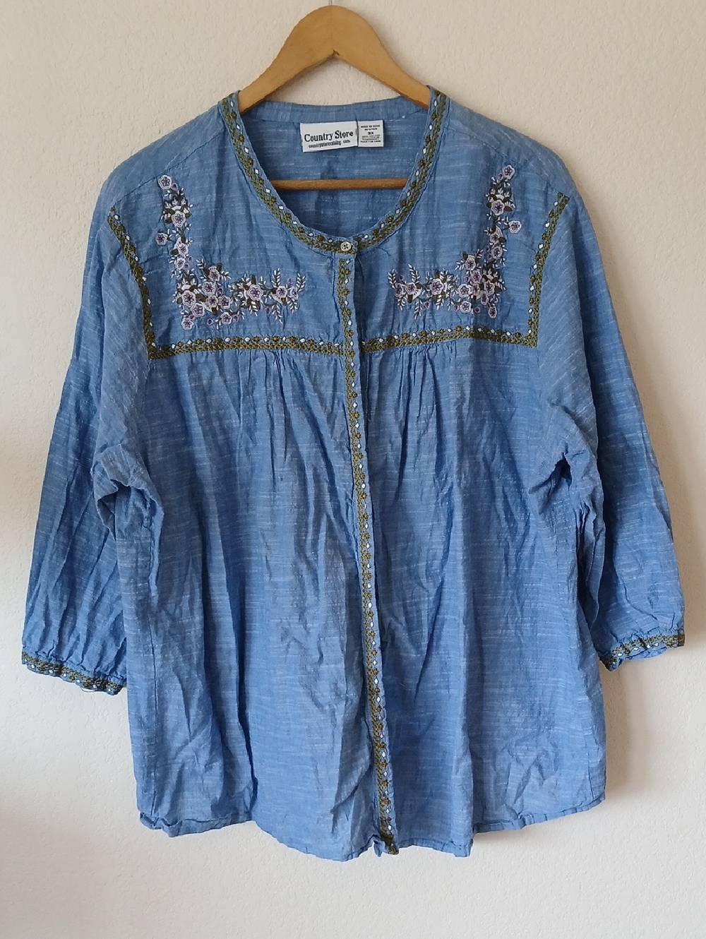 Country Store Cotton Floral Embroidered Button Up Tunic
